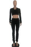 Black Sexy Solid Draped pencil Long Sleeve Two Pieces