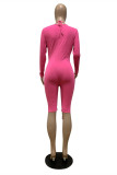 Rose Red Fashion Sexy Solid Hollowed Out Strap Design O Neck Skinny Rompers