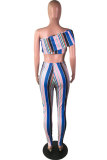 Blue Sexy Fashion Print Patchwork Striped Straight Two-piece Pants Set