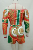 Yellow Sexy Print Patchwork With Belt Bateau Neck Skinny Rompers