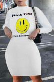 White Daily Print O Neck Wrapped Skirt Dresses