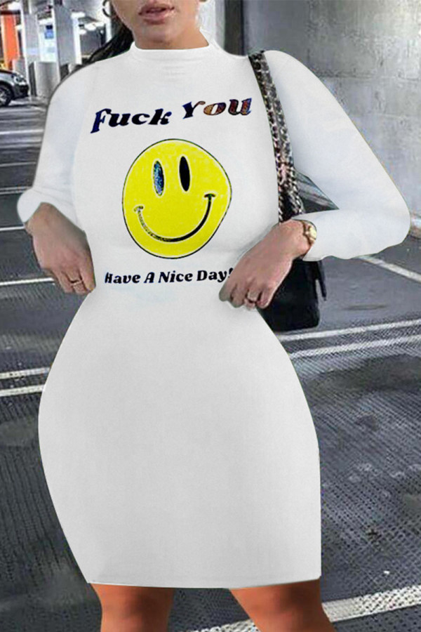 White Daily Print O Neck Wrapped Skirt Dresses