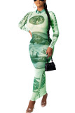 Grey Fashion Sexy adult Ma'am Cap Sleeve Long Sleeves O neck Step Skirt Ankle-Length Print Mesh Dresses