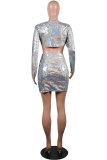 Silver Fashion Sexy Cap Sleeve Long Sleeves O neck Step Skirt Mini Solid Draped Two Piece Dresses