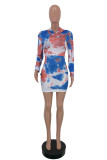 Blue Casual Print Patchwork V Neck A Line Dresses