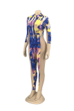 Rose Red Sexy Patchwork Tie-dye Zipper Collar Skinny Jumpsuits