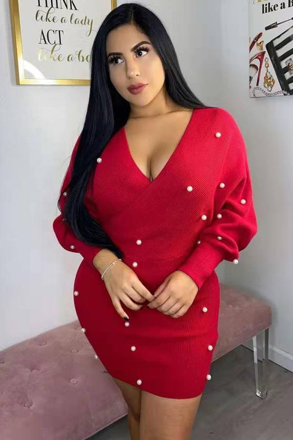 Red Fashion adult Casual Cap Sleeve Long Sleeves V Neck Step Skirt Mini Patchwork Solid Beadin