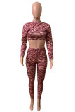 Maroon Sexy Print O Neck Long Sleeve Two Pieces