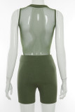 Army Green Casual Solid Split Joint O Neck Sleeveless Two Pieces