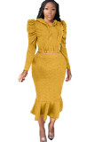 Yellow Polyester Sexy Solid Two Piece Suits Hip skirt Long Sleeve