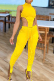 Pink Fashion Sexy Solid Asymmetrical Turtleneck Sleeveless Two Pieces