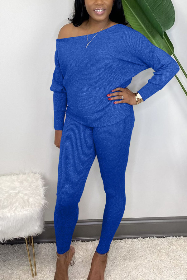Blue Casual Solid Patchwork Oblique Collar Long Sleeve Two Pieces