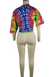 Multi-color Polyester One word collar Short Sleeve Print Patchwork Tees & T-shirts
