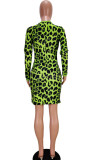 Red Casual Long Sleeves Step Skirt Mini Print Leopard Dresses