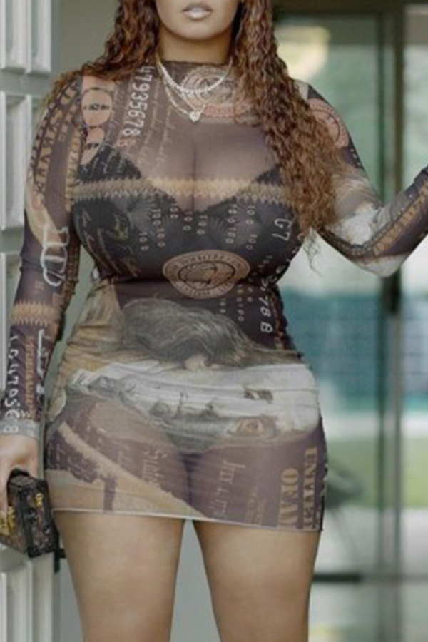 Brown Sexy Print Patchwork See-through Half A Turtleneck Pencil Skirt Dresses