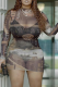 Brown Sexy Print Patchwork See-through Half A Turtleneck Pencil Skirt Dresses