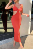 Orange Sexy Solid Hollowed Out Backless Strapless Straight Dresses
