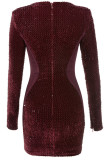 Wine Red Polyester Sexy Cap Sleeve Long Sleeves O neck Step Skirt skirt Sequin Solid Club Dresses