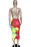 multicolor Polyester Fashion Sexy Green multicolor Off The Shoulder Sleeveless Slip Pencil Dress Mid-Calf backless Tie and dye Dresses