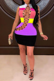 Pink Fashion Sexy Patchwork Hollowed Out Turtleneck Sleeveless Dress