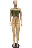 Khaki British Style Solid Buttons With Belt Regular Mid Waist Pencil Bottoms