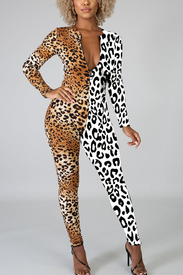 White Fashion street Patchwork Leopard grain Chlorine Long Sleeve O Neck Jumpsuits