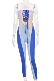 Blue Sexy Patchwork Frenulum Off the Shoulder Skinny Jumpsuits