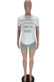 Grey Fashion Sexy Letter Print Two Piece Suits Straight Short Sleeve Two Pieces