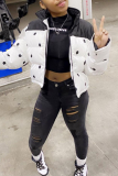 White Casual Dot Patchwork Turndown Collar Outerwear
