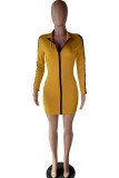 Yellow Polyester Sexy Cap Sleeve Long Sleeves Hooded Step Skirt Knee-Length chain Patchwork Solid