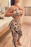 White Sexy Print Hollowed Out Halter Skinny Jumpsuits