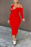 Red Fashion Sexy Solid Hollowed Out Long Sleeve Dress