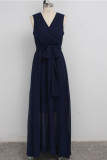 Dark Blue Sexy Sleeveless V Neck Swagger Floor-Length Patchwork Solid Dresses