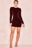 Wine Red Polyester Sexy Cap Sleeve Long Sleeves O neck Step Skirt skirt Sequin Solid Club Dresses