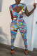 Blue Fashion Casual Print Hollowed Out O Neck Short Sleeve Two Pieces