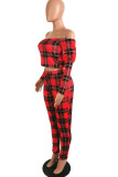 Red Sexy Plaid Print Bateau Neck Long Sleeve Two Pieces