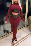 Wine Red Fashion Sexy Solid Split Joint See-through O Neck Long Sleeve Two Pieces