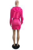 Rose Red Casual Print Solid Hooded Collar Long Sleeve Two Pieces