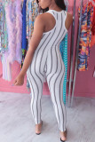 White Fashion street Print Striped Sleeveless O Neck Jumpsuits