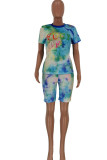 Cyan Polyester Fashion Casual Print Tie Dye Two Piece Suits pencil Short Sleeve Two Pieces