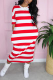 Hide Blue Sexy Short Sleeves O neck Straight Mid-Calf Striped Print Dresses
