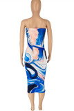 Blue Sexy Print Backless Strapless Sleeveless Dress