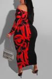 Red Casual Print Patchwork Bateau Neck Wrapped Skirt Dresses