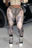 Grey Casual Print Regular Mid Waist Pencil Bottoms