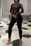 Black Sexy Patchwork Mesh Half A Turtleneck Skinny Jumpsuits