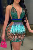 Blue Fashion Sexy Patchwork Hollowed Out Sequins Backless Halter Sling Dress