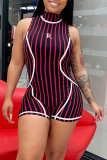 Red Sexy Striped Patchwork Turtleneck Skinny Rompers