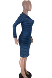 Blue Polyester OL Cap Sleeve Long Sleeves O neck A-Line Mid-Calf Striped