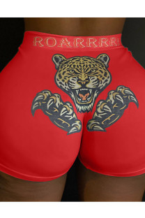 Red Polyester Elastic Fly Mid Animal Prints shorts Bottoms