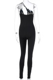 Black Fashion Sexy Solid Hollowed Out Oblique Collar Skinny Jumpsuits